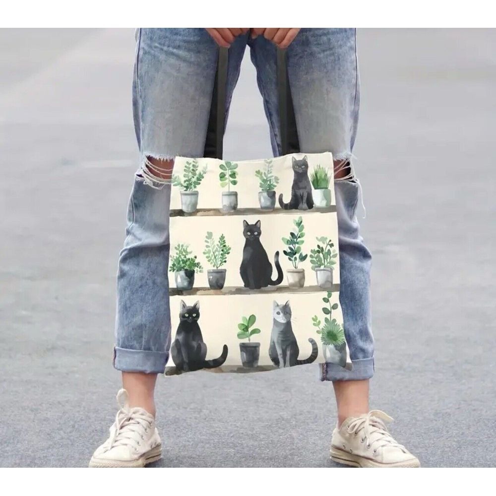 Tote Bag All over Print Black Gray Cats Plants‎ Shopping Bag New